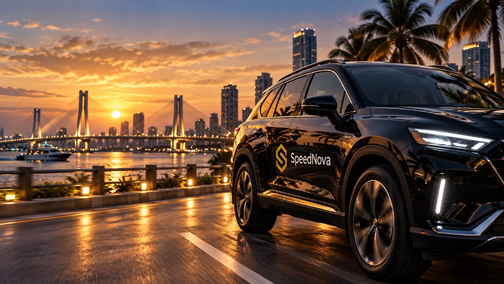 A SpeedNova branded car parked along a waterfront promenade at sunset, with a cable-stayed bridge and city skyline in the background